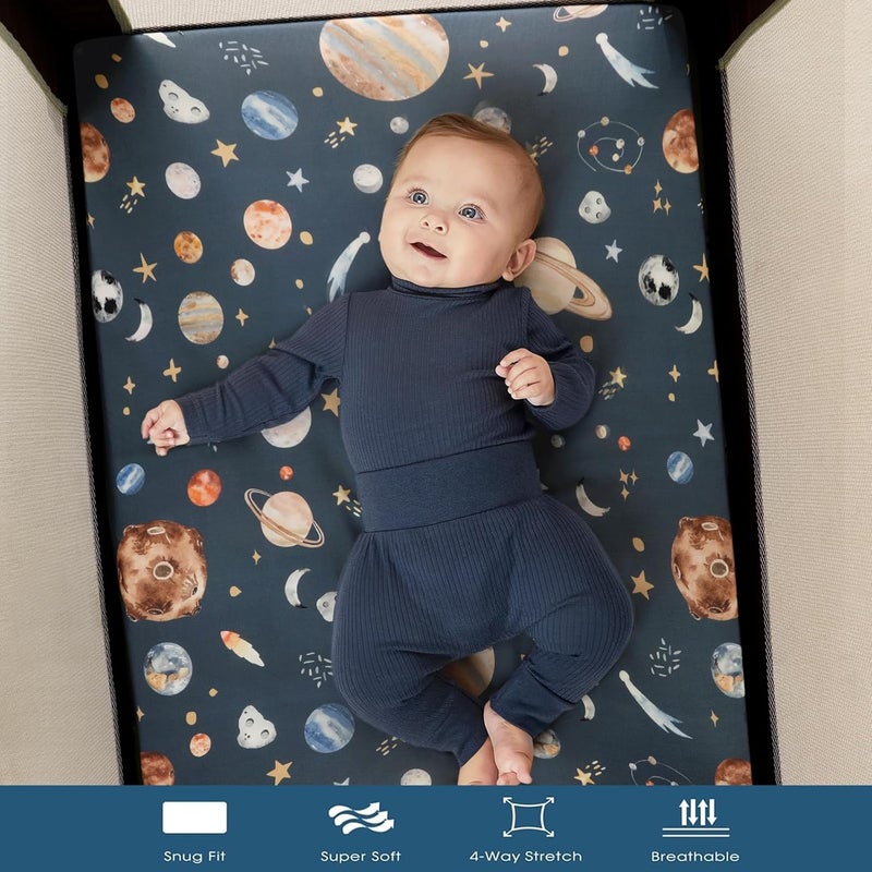 GRSSDER Pack n Play Sheets Fitted 3 Pack, Stretchy Ultra Soft Jersey Knit Pack and Play Sheets, Universal Fitted Portable/Mini Crib Mattresses Snug and Safe, Space Stylish Print - Image 5